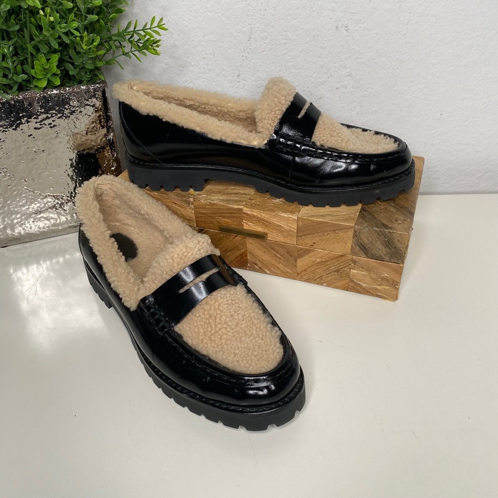 PAIGE Ellis Black Patent Shearling Lined Loafers Chunky Lug Sole Cozy Shoes SZ 8